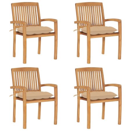 Chaises de jardin empilables avec coussins lot de 4 Teck solide