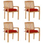Chaises de jardin empilables avec coussins lot de 4 Teck solide