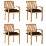 Chaises de jardin empilables avec coussins lot de 4 Teck solide