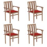 Chaises de jardin empilables avec coussins lot de 4 Teck solide