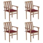 Chaises de jardin empilables avec coussins lot de 4 Teck solide