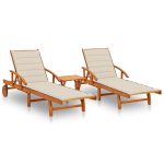 Chaises longues lot de 2 avec table et coussins Acacia solide
