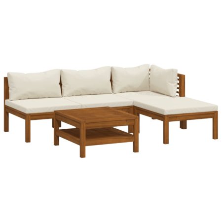 Salon de jardin 5 pcs avec coussin crème Bois d'acacia solide