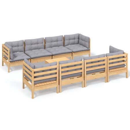 Salon de jardin 9 pcs avec coussins gris bois de pin massif