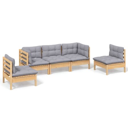 Salon de jardin 5 pcs avec coussins gris bois de pin massif