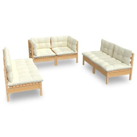 Salon de jardin 6 pcs avec coussins crème Bois de pin massif