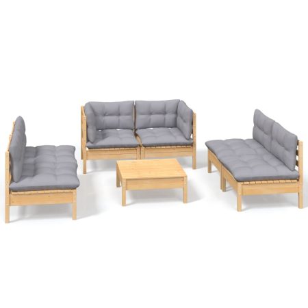 Salon de jardin 7 pcs avec coussins gris bois de pin massif