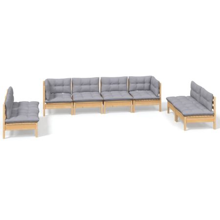 Salon de jardin 8 pcs avec coussins gris Bois de pin massif