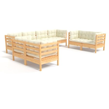 Salon de jardin 8 pcs avec coussins crème Bois de pin massif