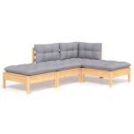 Salon de jardin 4 pcs avec coussins gris Bois de pin massif