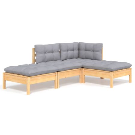 Salon de jardin 4 pcs avec coussins gris Bois de pin massif