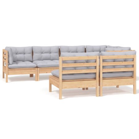 Salon de jardin 7 pcs avec coussins gris bois de pin massif