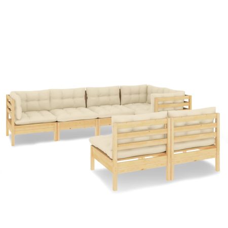Salon de jardin 7 pcs avec coussins crème bois de pin massif