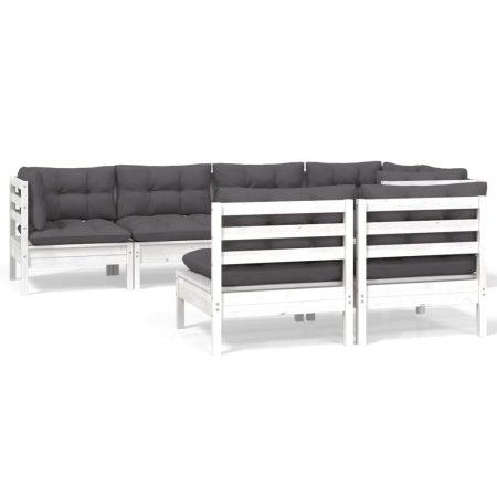 Salon de jardin 7 pcs avec coussins Blanc Bois de pin massif