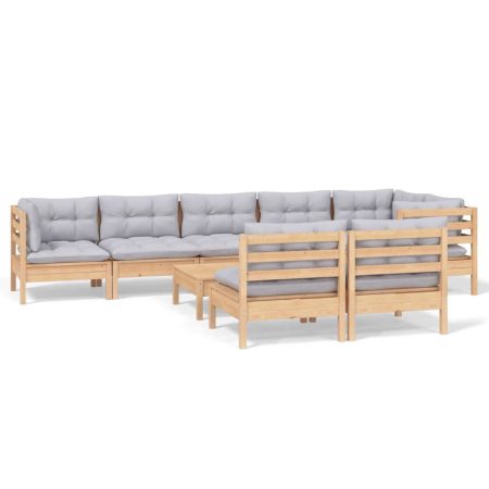 Salon de jardin 9 pcs avec coussins gris bois de pin massif