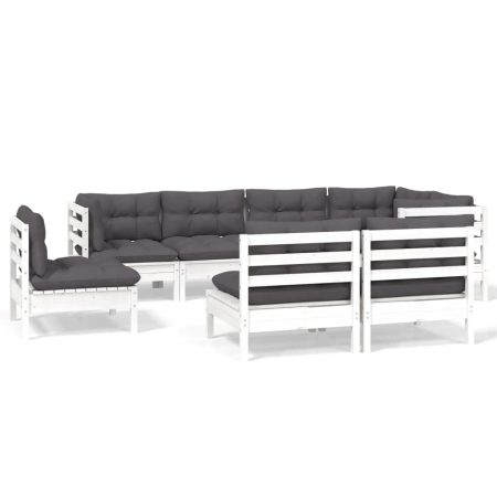 Salon de jardin 8 pcs avec coussins blanc bois de pin massif