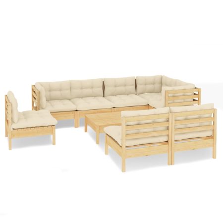 Salon de jardin 9 pcs avec coussins crème bois de pin massif
