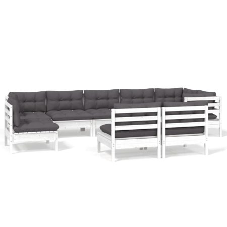 Salon de jardin 9 pcs avec coussins blanc bois de pin massif