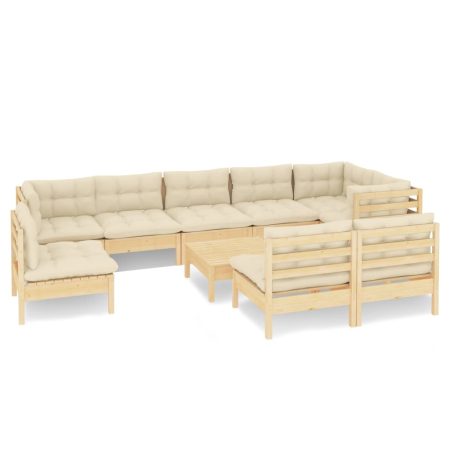 Salon de jardin 10 pcs avec coussins crème bois de pin massif