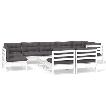 Salon de jardin 10 pcs avec coussins blanc bois de pin massif