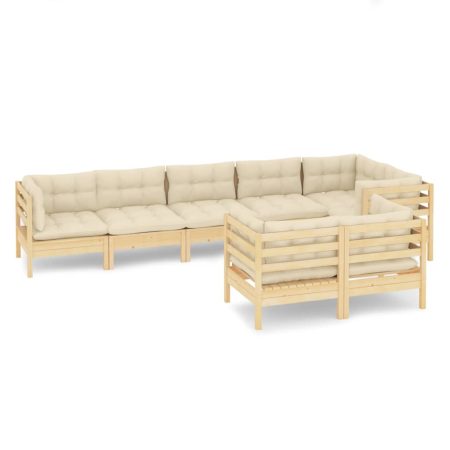 Salon de jardin 8 pcs avec coussins crème Bois de pin massif