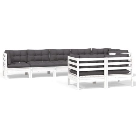 Salon de jardin 8 pcs avec coussins blanc bois de pin massif