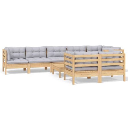 Salon de jardin 9 pcs avec coussins gris bois de pin massif