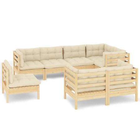 Salon de jardin 8 pcs avec coussins crème Bois de pin massif