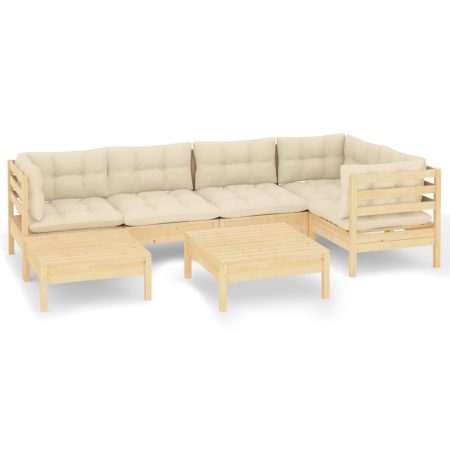 Salon de jardin 7 pcs avec coussins crème bois de pin massif