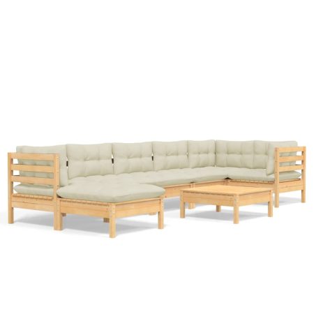 Salon de jardin 8 pcs avec coussins crème Bois de pin massif