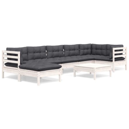 Salon de jardin 8 pcs avec coussins blanc bois de pin massif