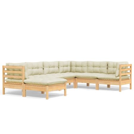 Salon de jardin 7 pcs avec coussins crème bois de pin massif