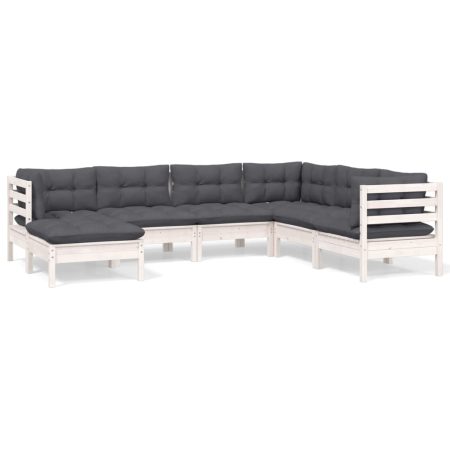 Salon de jardin 7 pcs avec coussins blanc bois de pin massif