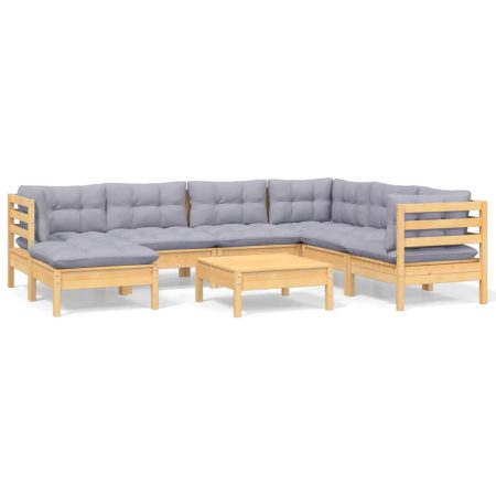 Salon de jardin 8 pcs avec coussins gris Bois de pin massif