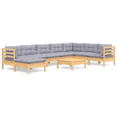 Salon de jardin 9 pcs avec coussins gris bois de pin massif