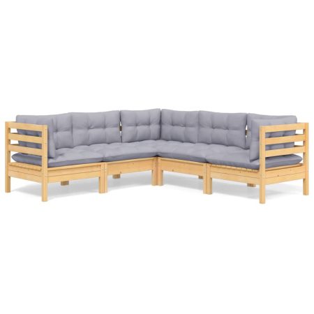 Salon de jardin 5 pcs avec coussins gris bois de pin massif