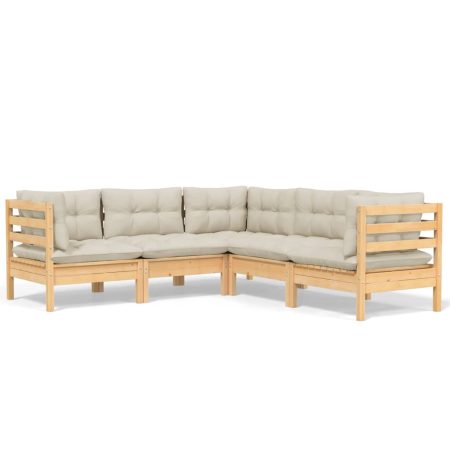 Salon de jardin 5 pcs avec coussins crème bois de pin massif