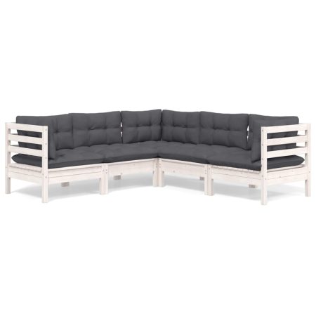 Salon de jardin 5 pcs avec coussins blanc bois de pin solide
