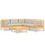 Salon de jardin 6 pcs avec coussins crème Bois de pin massif