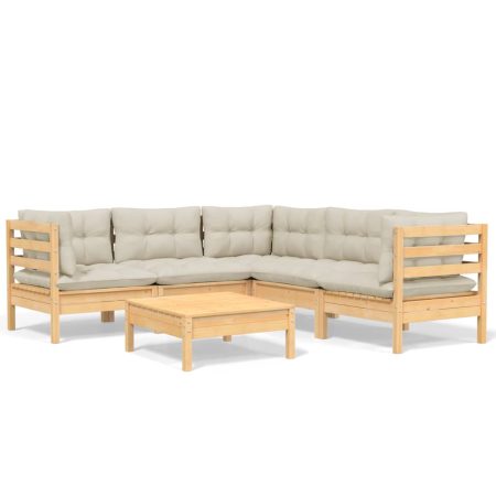 Salon de jardin 6 pcs avec coussins crème Bois de pin massif