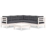 Salon de jardin 6 pcs avec coussins blanc bois de pin massif