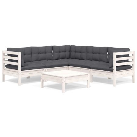 Salon de jardin 6 pcs avec coussins blanc bois de pin massif