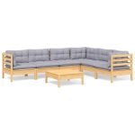 Salon de jardin 7 pcs avec coussins gris bois de pin massif