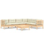 Salon de jardin 7 pcs avec coussins crème bois de pin massif