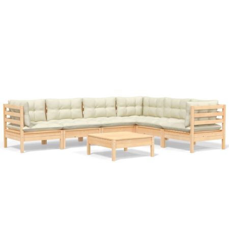 Salon de jardin 7 pcs avec coussins crème bois de pin massif
