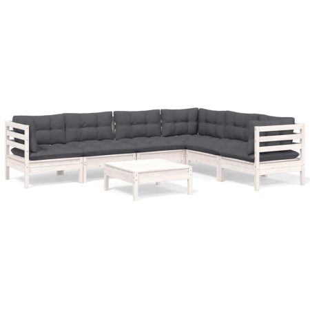 Salon de jardin 7 pcs avec coussins blanc bois de pin massif
