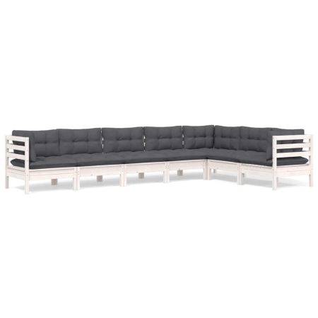Salon de jardin 7 pcs avec coussins blanc bois de pin massif