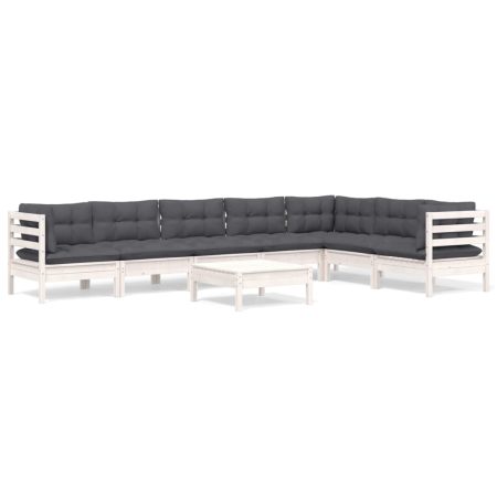 Salon de jardin 8 pcs avec coussins blanc bois de pin massif