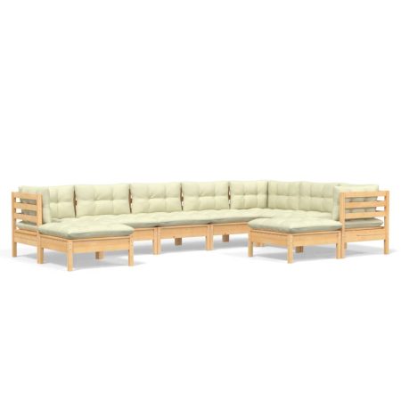Salon de jardin 9 pcs avec coussins crème bois de pin massif