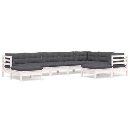 Salon de jardin 9 pcs avec coussins blanc bois de pin massif